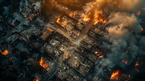 Aerial view of neighborhood in ruins from devastating fire. generative AI, AI generated