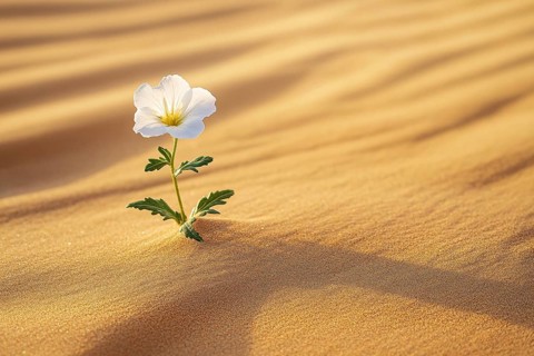 Single white flower growing in desert sand. Generative Ai, AI generated