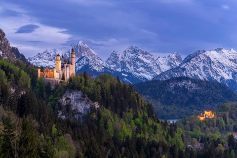 Neuschwanstein Castle near Füssen, Hohenschwangau Castle, Schwangau, Allgäu Alps, night shot,