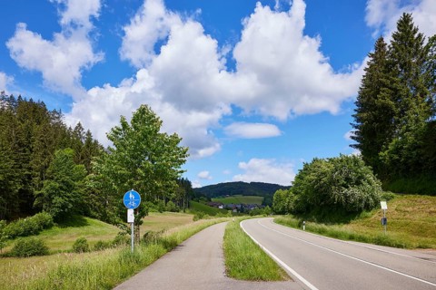 Cycle path, country road and blue sky with cumulus clouds in a landscape near Biederbach, Black