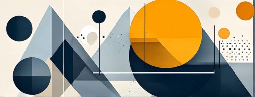 Minimalist composition of overlapping geometric shapes, such as circles, squares, and triangles,
