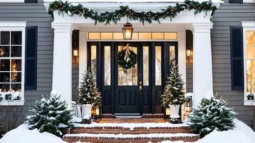 Festive front porch with holiday garlands wrapped around the columns, a wreath hanging on the door,