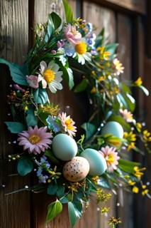 Spring wreath with pastel ribbons, speckled eggs, and blooming flowers, hanging on a wooden