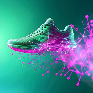 Sporting equipment, like a running shoe, breaking into pixels and data points, morphing into a