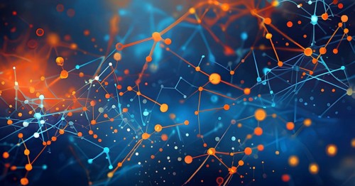 Symbol for artificial intelligence, lines, dots and pattern, vibrant blue and orange hues, abstract