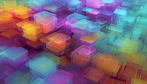 Layers of translucent squares moving in a synchronized flow, resembling dynamic data visualization,