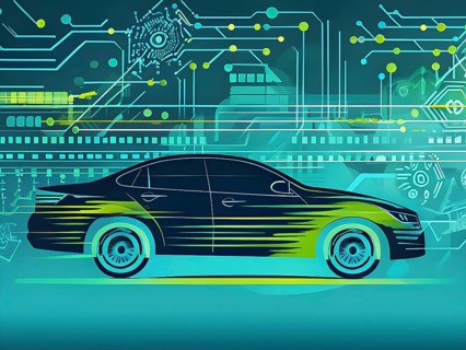 Sport car silhouette with vibrant green dynamic lines showing motion, surrounded by data streams,