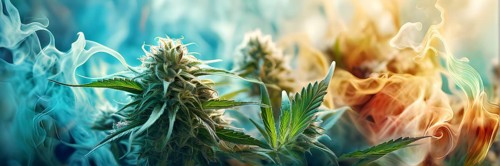 Abstract painting symbolizing the tranquil impact of cannabis in swirling soft pastel hues, AI