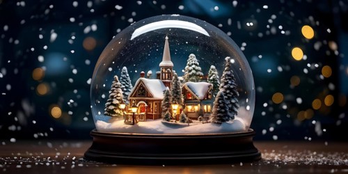 Snow globe with a tiny festive village inside, capturing the swirling snow and the light