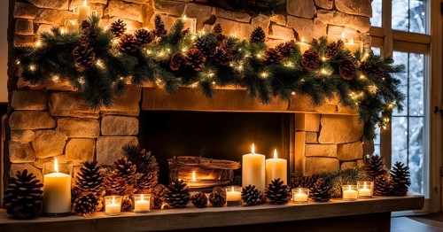 A cozy fireplace mantle decorated with pine cones, garlands, and lit candles, with a close-up focus