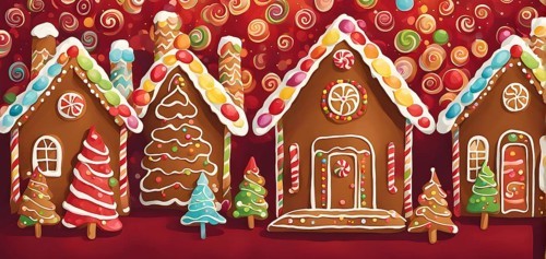 Abstract wallpaper illustration of of gingerbread house decoration, AI generated