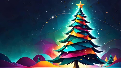 Abstract Christmas tree illustration with vibrant colors and geometric shapes, AI generated