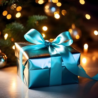 Close-up of a beautifully wrapped Christmas gift with a satin ribbon, set under a glowing Christmas