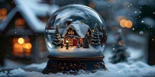 Snow globe with a tiny festive village inside, capturing the swirling snow and the light