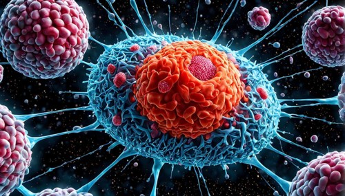 Three dimensional render of metastasis of cancerous tumor, AI generated