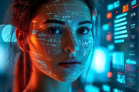 3d digital facial recognition displaying a female face with overlaid ai biometric data, AI
