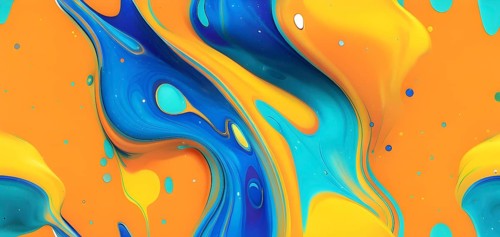 Abstract wallpaper with colorful turquoise and yellow blobs and liquid shapes on a orange