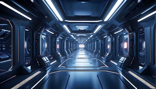 Three dimensional render of futuristic corridor inside a spaceship or space station, AI generated