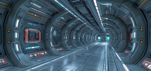 Three dimensional render of futuristic corridor inside a spaceship or space station, AI generated