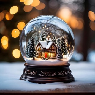Winter Wonderland in Glass Ball Snow Globe on table and blurred bokeh background, AI generated