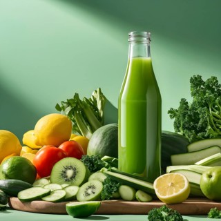 Bottle of vibrant green detox juice surrounded by green fruit and vegetables, AI generated