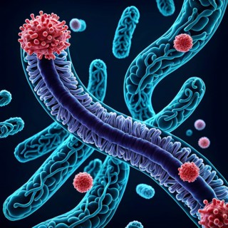 Three dimensional render of a tuberculosis bacteria in an organism, AI generated
