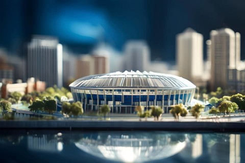 Scale model of soccer stadium on a polished conference table, AI generated