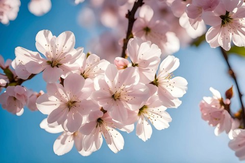Blooming cherry blossoms with soft pink petals against a clear blue sky, with delicate sunlight