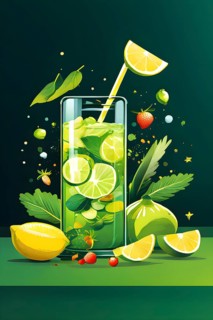 Abstract wallpaper composition with bottle of delicious green detox juice and fruits and