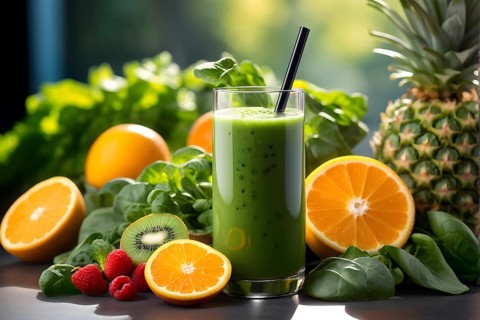 Smoothie surrounded by an assortment of fruits and vegetables, AI generated