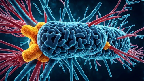 Three dimensional render of a tuberculosis bacteria in an organism, AI generated