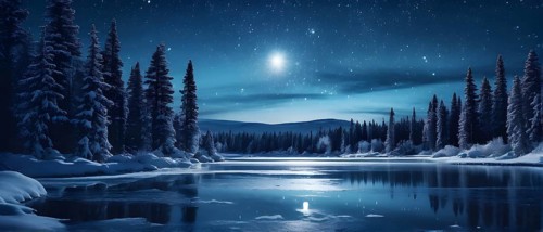 Tranquil winter night scene with a crescent moon and stars shining brightly over a frozen lake,