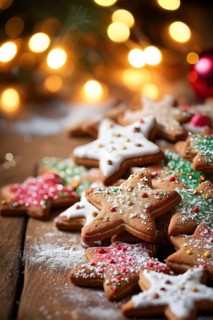 A detailed shot of Christmas cookies on a wooden table, featuring star-shaped cookies with colorful
