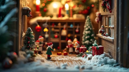 Traditional advent calendar door opening, showing a tiny festive scene inside with miniature