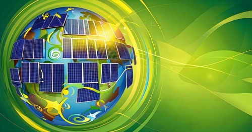 Illustration of a globe composed of triangular solar panels and swirling wind patterns, symbolizing