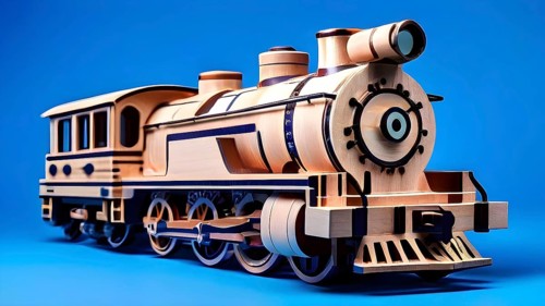Vintage wooden locomotive toy with a playful design in front of a blue background, AI generated