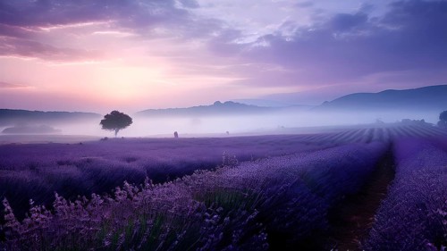 Lavender fields basking in a blanket of fog in sunrise, AI generated