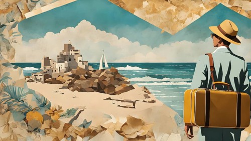 Vintage collage of a tourist with suitcase on a beach symbolizing vacation, AI generated