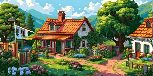 Pixel art illustration of a cozy village in summer with vibrant green roofs and blooming flowers,