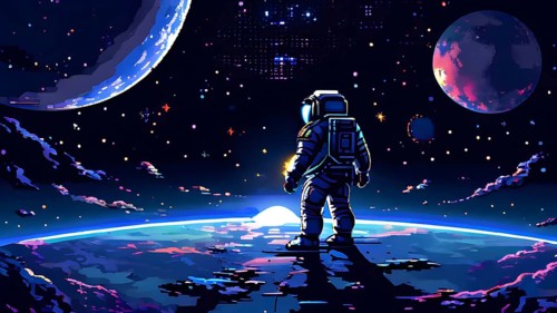 Pixel art illustration of an astronaut outside in the infinite expanse of space, AI generated