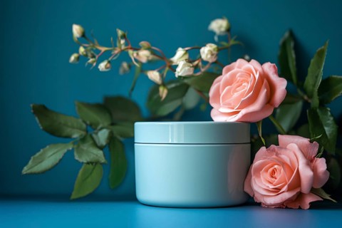Pot of rose face cream with flowers on dark blue background. Generative Ai, AI generated