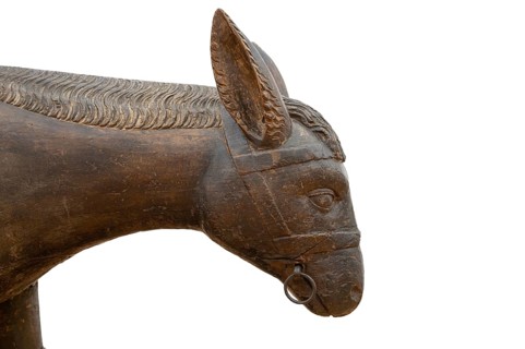 Head of the donkey, detail of the palm donkey, around 1500, on a white background, Zeppelin Museum,