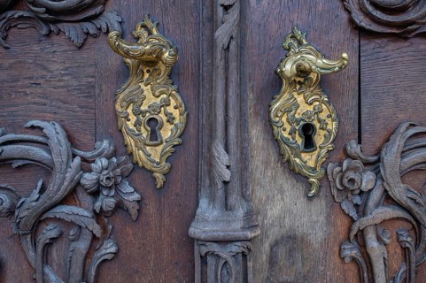 Historic door locks on an entrance gate, Passau, Lower Bavaria, Bavaria, Germany, Europe