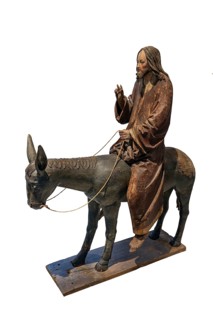 Palm tree donkey, wooden figure from around 1520, on a white background, Diocesan Museum,