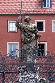Fountain figure of Justitia and ornamental grille, early baroque, 1656-1659 by Leoprand Hilmer,
