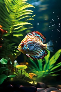Discus fish gliding through the shallow amazon waters illuminated by dappled sunlight, AI generated
