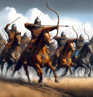 Warriors of an equestrian race attack on horseback with bow and arrow, AI generated, AI generated
