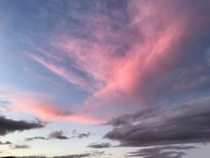Above Altostratus Cirrus clouds are illuminated pink by the setting sun, below grey Altostratus