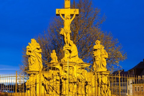 Crucifixion group at the town hall, historic old town, blue hour, Bamberg, Lower Franconia,