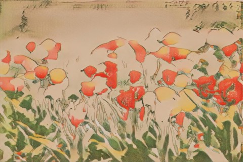 Artistic interpretation of a field of red flowers with watercolour effect in impressionist style